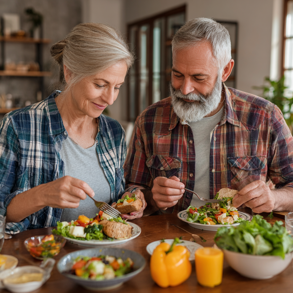 Happy Ukrainian family enjoying a healthy plant-based meal together at a wooden table with colorful vegetables and fruits