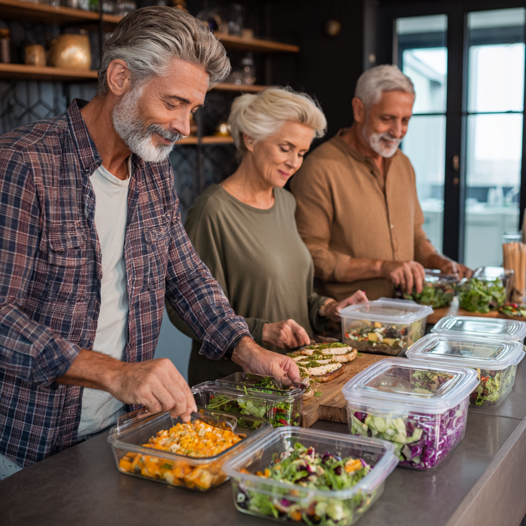 Middle-aged Ukrainian woman tending to a small urban garden with fresh vegetables and herbs, smiling in natural sunlight