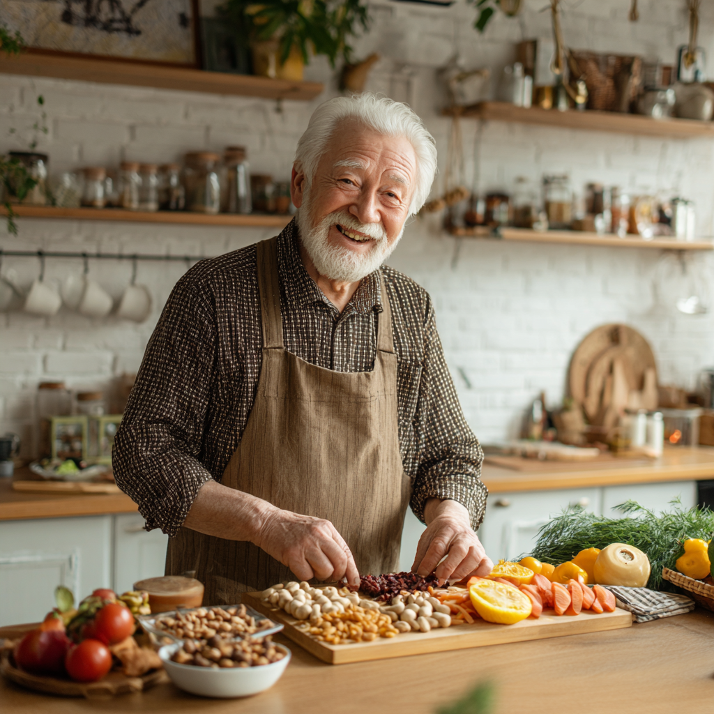 Group of smiling Ukrainian adults of different ages sharing a colorful plant-based meal around a dinner table, looking happy and healthy